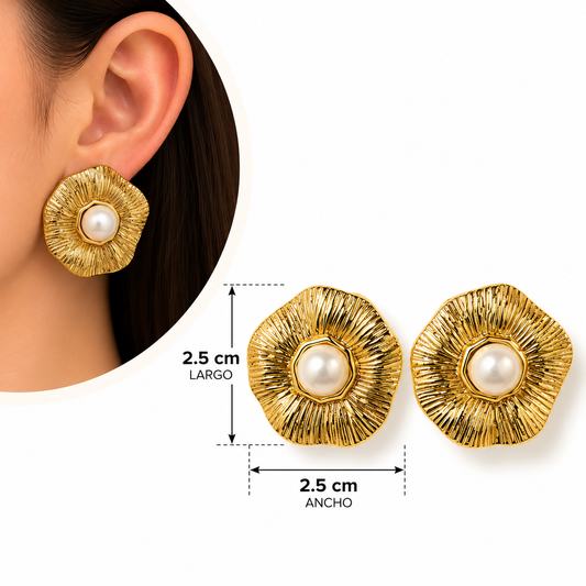 E052 Aretes hoja con perla central acero inoxidable 304
