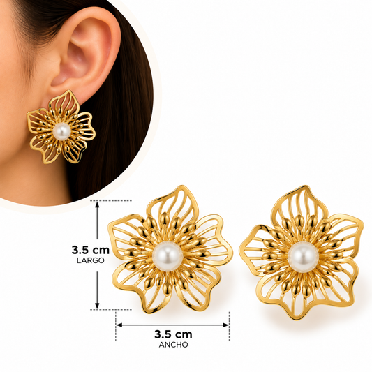 E053 Aretes flor elegante con perla de acero inoxidable 304 chapado en oro 18k