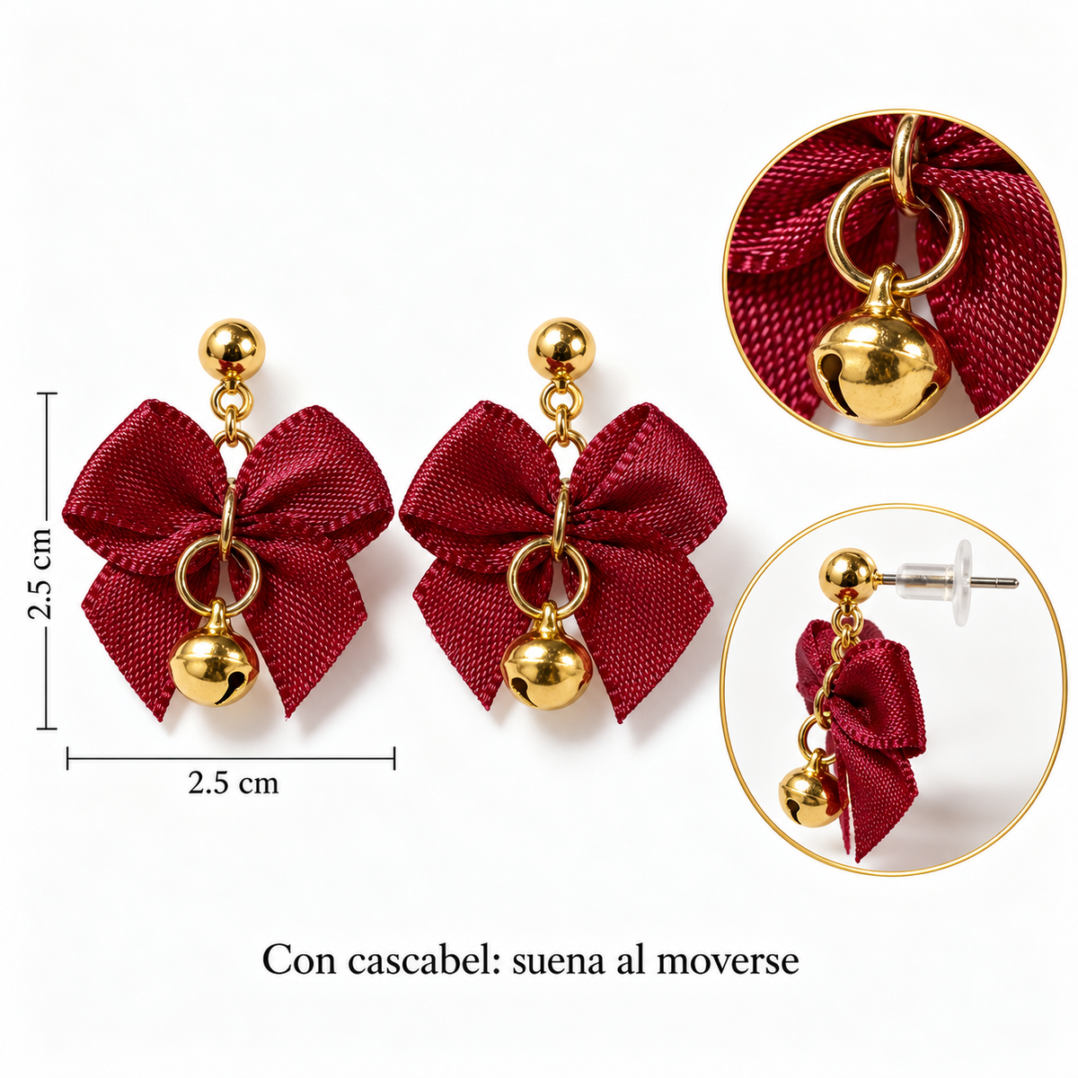 E7476 Aretes moño liston con cascabel de aleacion