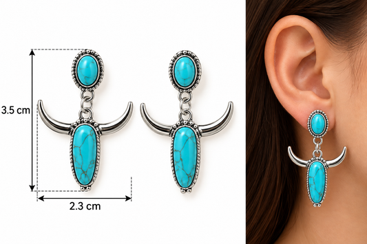 E7486 Aretes cuernos turquesa aleacion