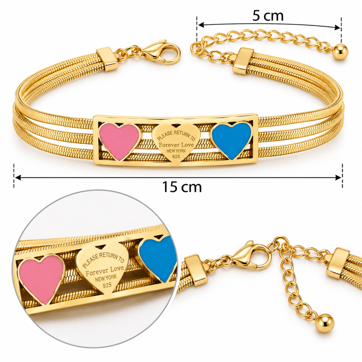 B109 Pulsera triple corazon placa central decorada de acero inoxidable 304