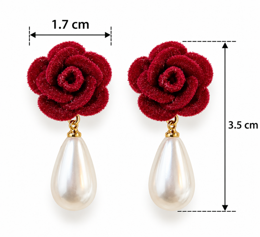 E7512 Aretes flor gamuza y perla colgante de aleacion