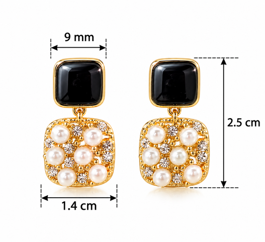 E7510 Aretes cuadros perlas y diamantes imitacion de aleacion