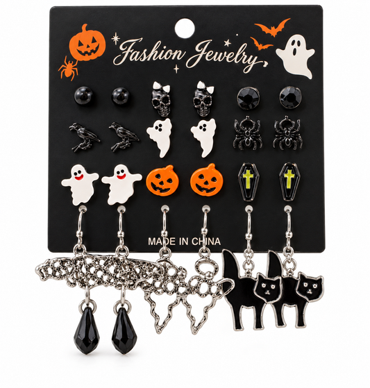 H163 Set de aretes hallowen 12 pares aleacion