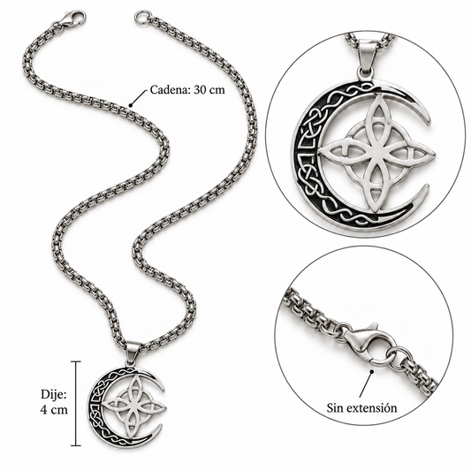 C056 Collar nudo de bruja y Luna de acero inoxidable
