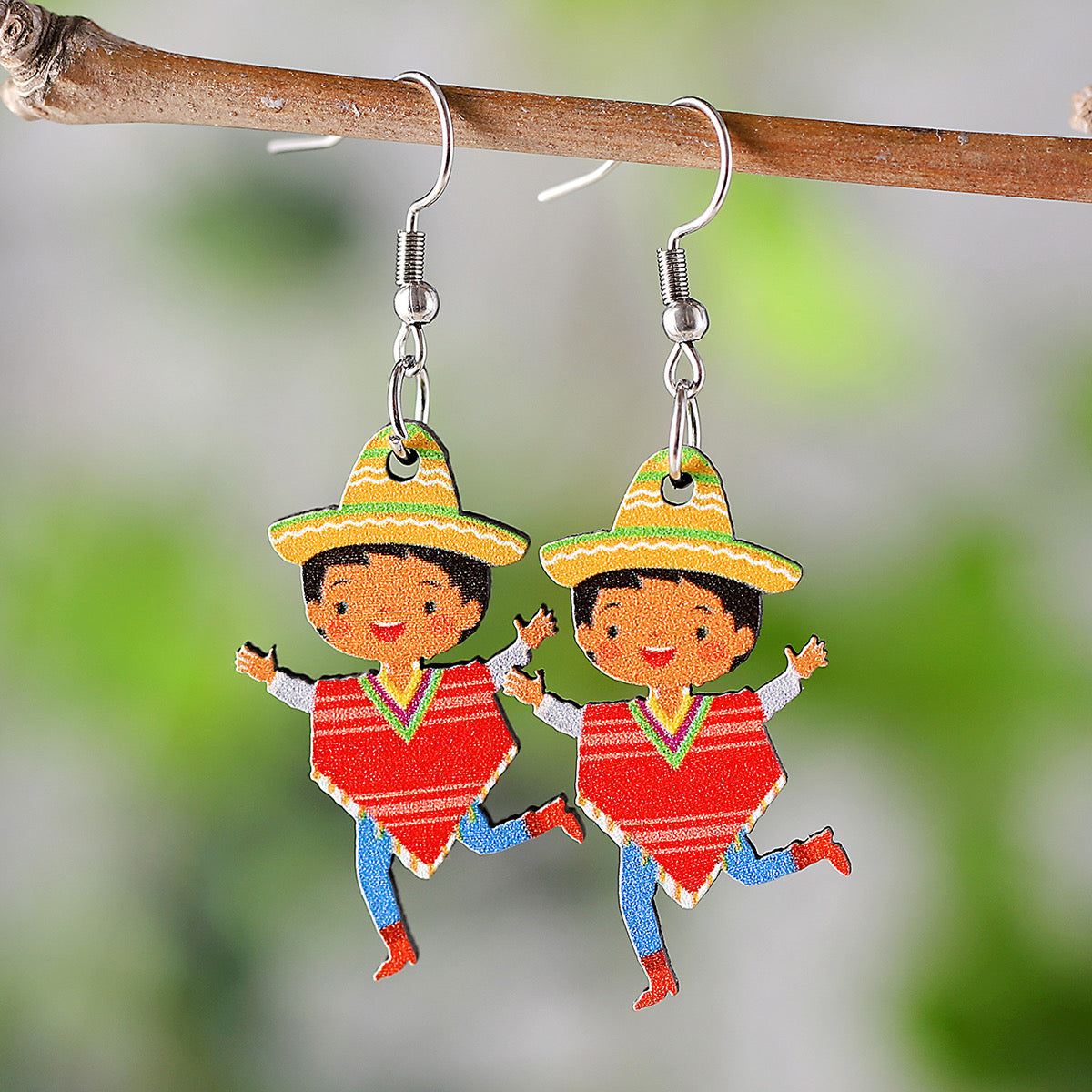E7366 Aretes niño mexicano patrio madera hermosos 5.5cm ligeros