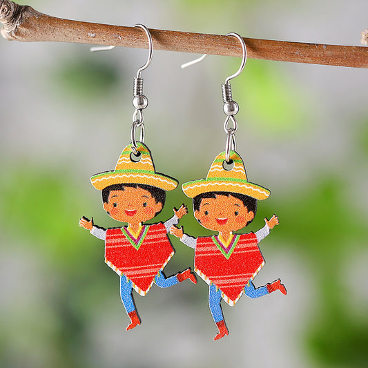 E7366 Aretes niño mexicano patrio madera hermosos 5.5cm ligeros