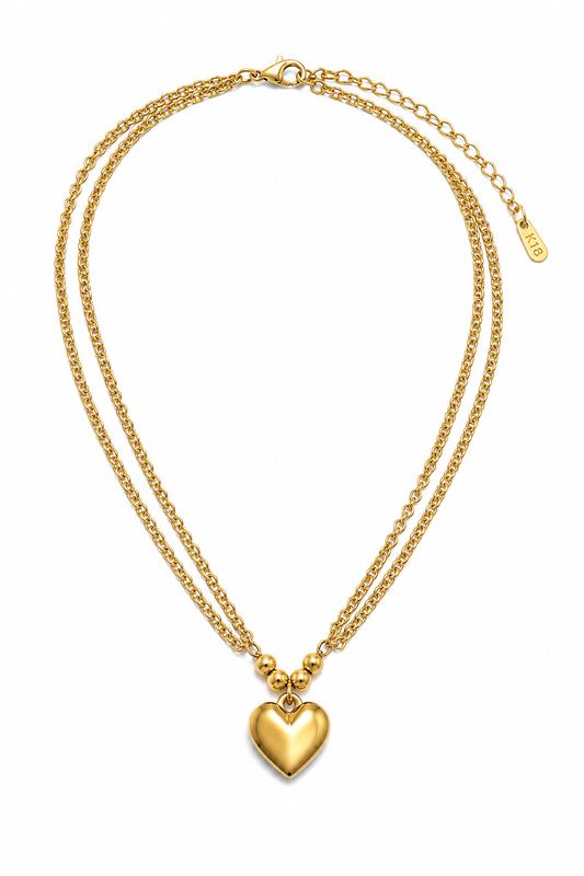 C1421 Collar corazon acero inoxidable doble cadena con dije de corazon 19 cm largo y dije 1.5 cm