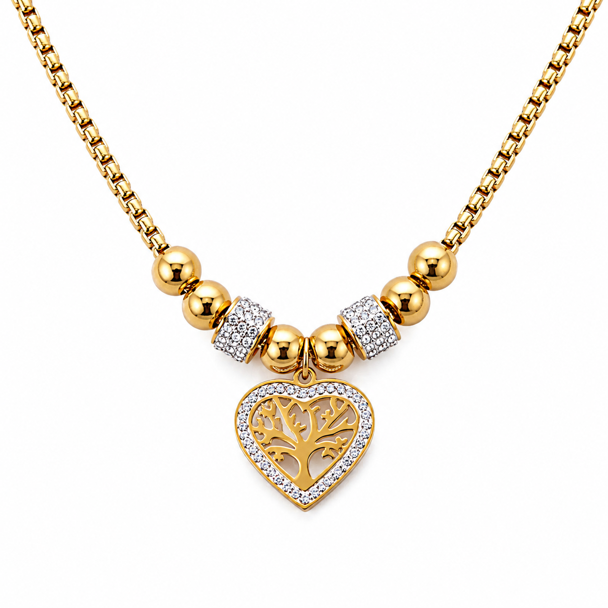 C1459 Collar arbol de la vida de acero inoxidable en forma de corazon con zirconias y charms 19 cm largo y 5 de extension dije 1 cm