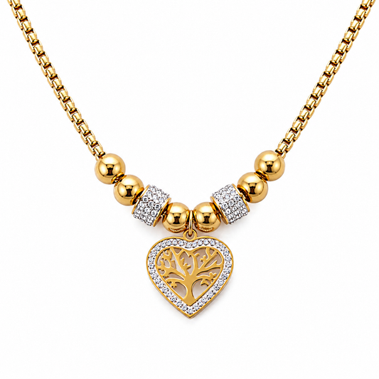 C1459 Collar arbol de la vida de acero inoxidable en forma de corazon con zirconias y charms 19 cm largo y 5 de extension dije 1 cm