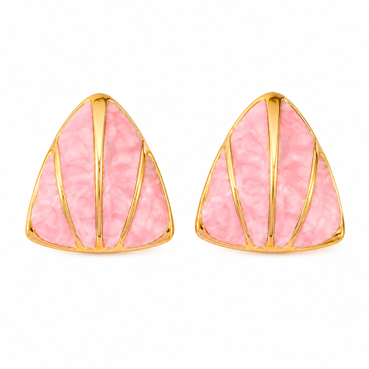 E2608 Aretes triangulo rosa De Acero Inoxidable Esmaltados Y Bañados En Oro 2.5 cm