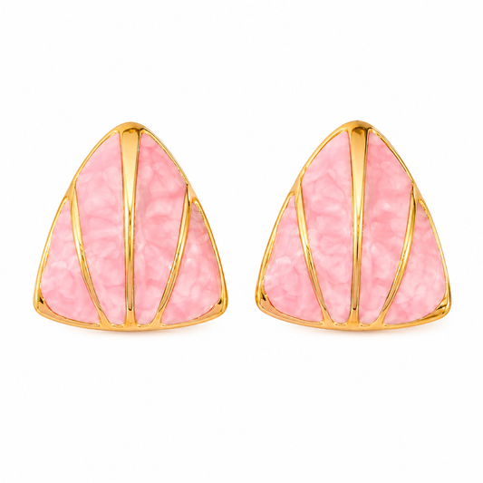 E2608 Aretes triangulo rosa De Acero Inoxidable Esmaltados Y Bañados En Oro 2.5 cm