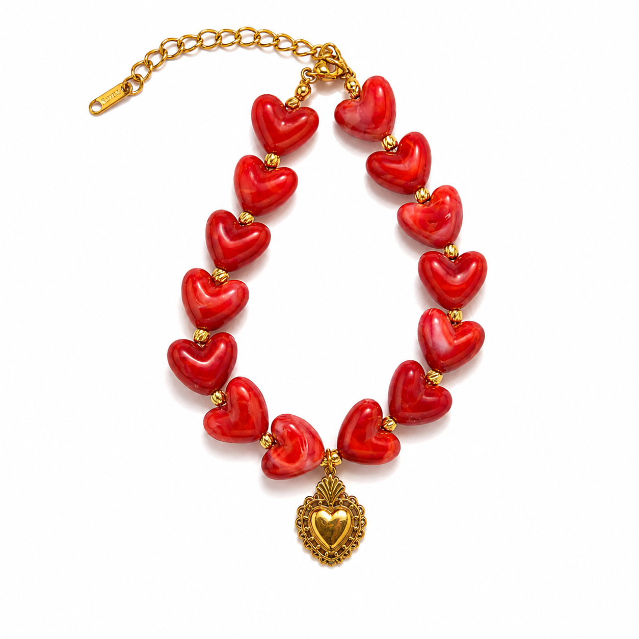 B614 Pulsera de corazones rojos  dije dorado de acero inoxidable chapado en oro 10 cm largo con extension de 5 cm y dije de 1.8 cm