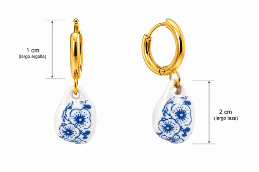 E2615 Aretes argolla de acero inoxidable y taza de ceramica azul