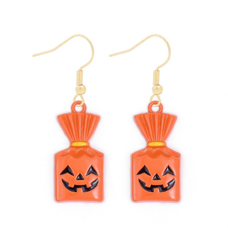 H57 Aretes bolsa dulces de calabaza Halloween aleacion esmaltado 4cm