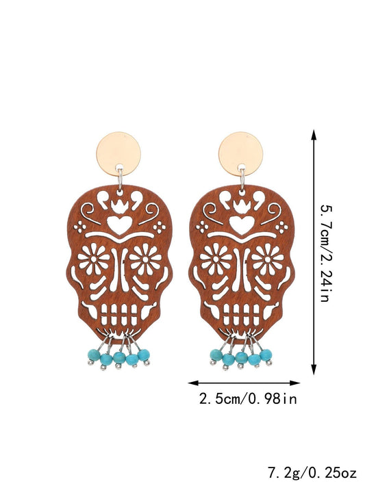 H86 Aretes cráneo catrina madera