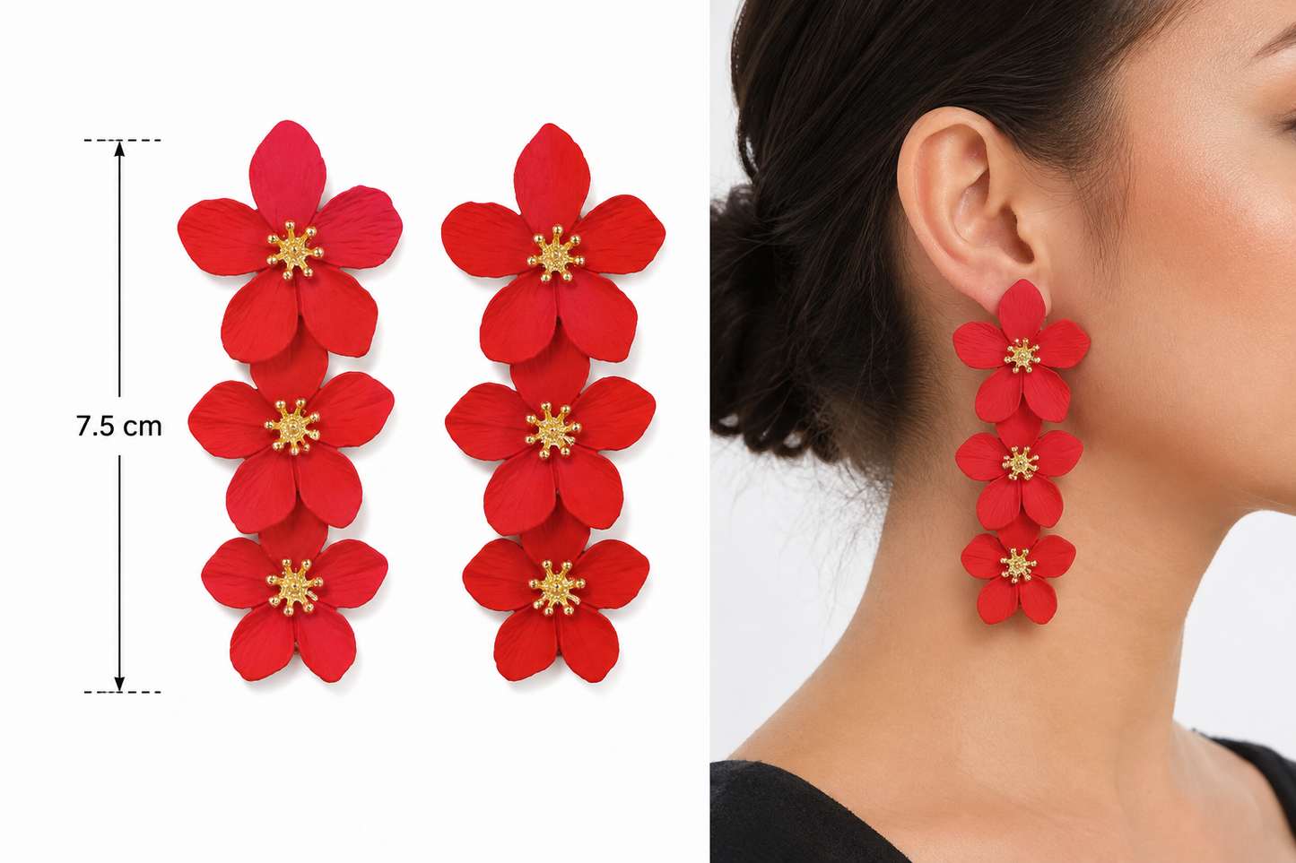 E2619 Aretes triple flor aleacion con esmaltado