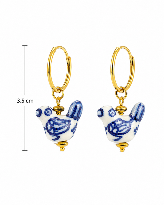E2621 Aretes pajaro de ceramica y acero inoxidable