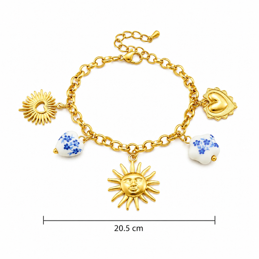 B615 Pulsera flores ceramica y acero inoxidable dije sol corazón
