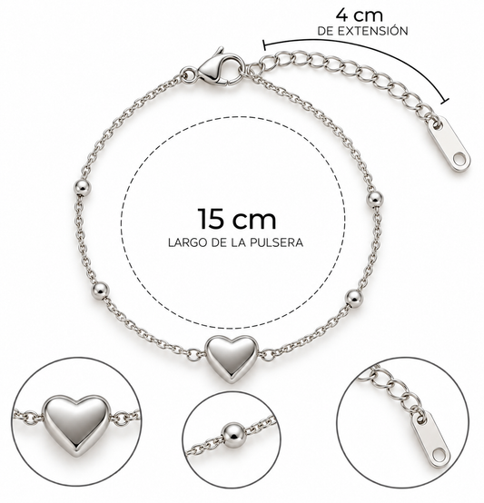 B616 Pulsera corazon plateada de acero inoxidable