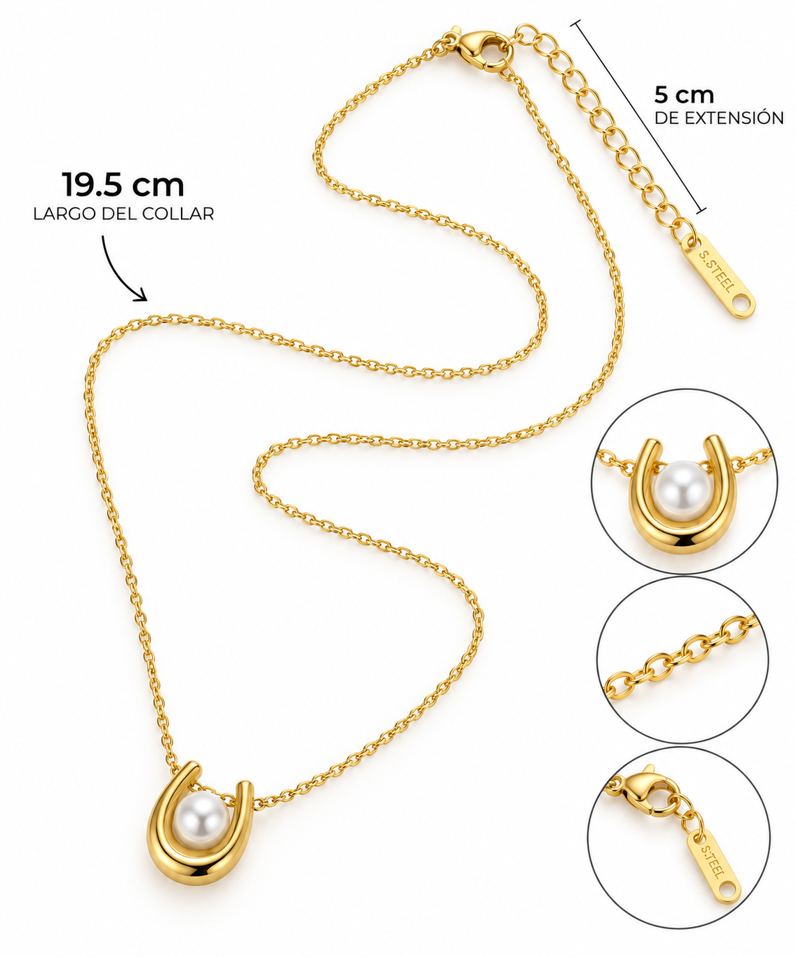 C002 Collar dorado con dije de perla de acero inoxidable