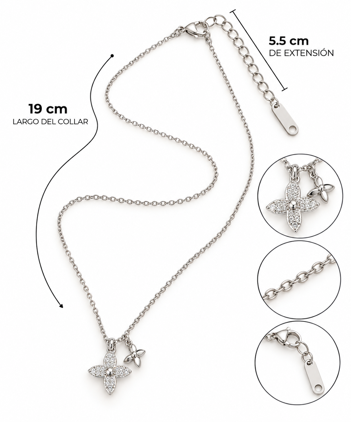 C003 Collar LV con circonia plateado de acero inoxidable 304