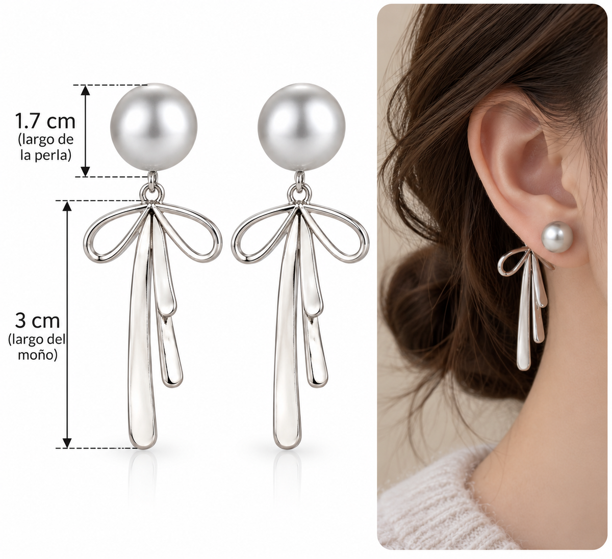E2869 Aretes perla y moño de aleacion