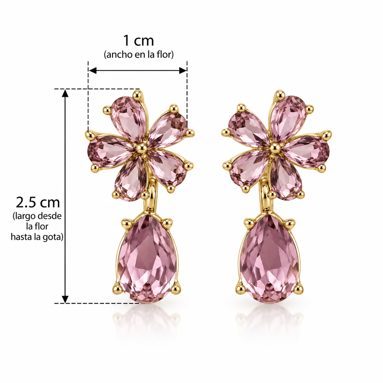 E2873 Aretes flor y gota rosa de cristal y aleacion