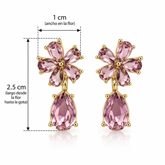 E2873 Aretes flor y gota rosa de cristal y aleacion