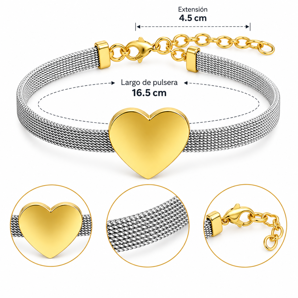 B100 Pulsera corazon dorado de acero inoxidable 304 chapado en oro de 18k
