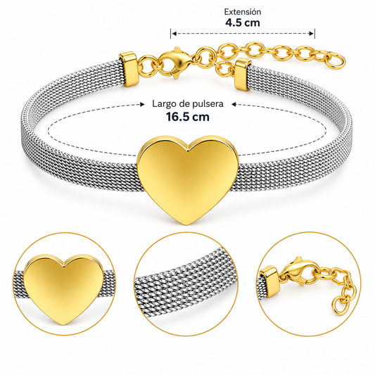 B100 Pulsera corazon dorado de acero inoxidable 304 chapado en oro de 18k