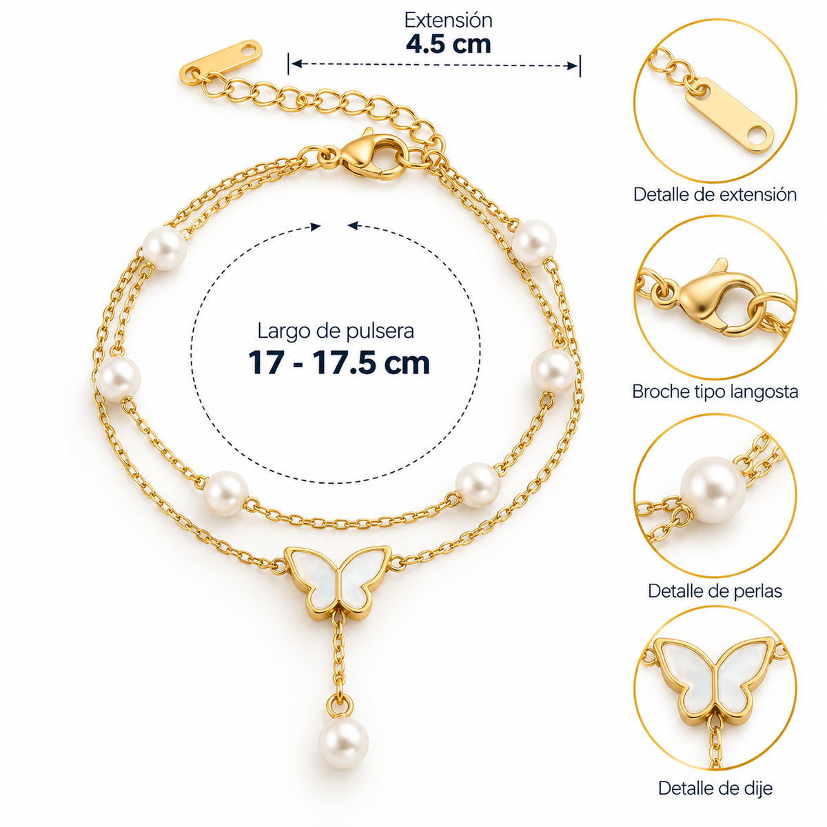 B106 Pulsera mariposa de doble cadena acero inoxidable con un acabado chapado en oro