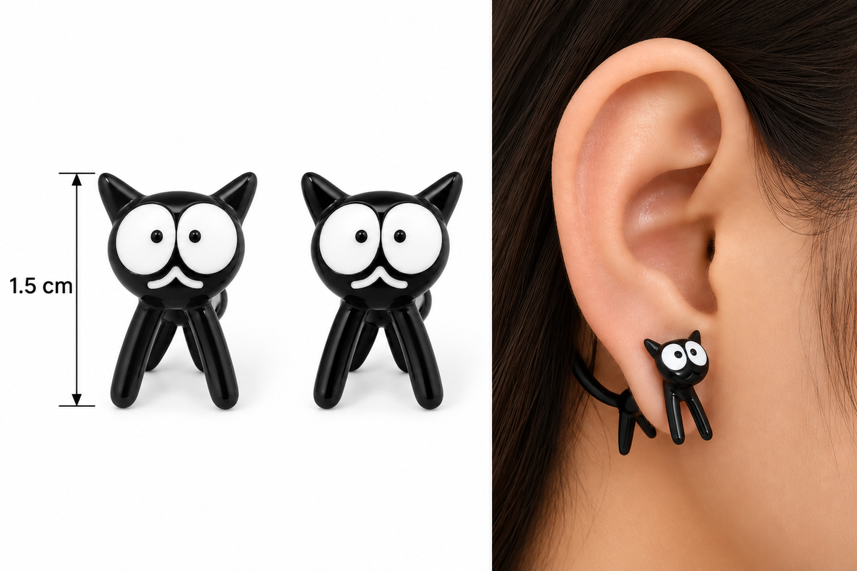 E7379 Aretes par gato negro de aleacion