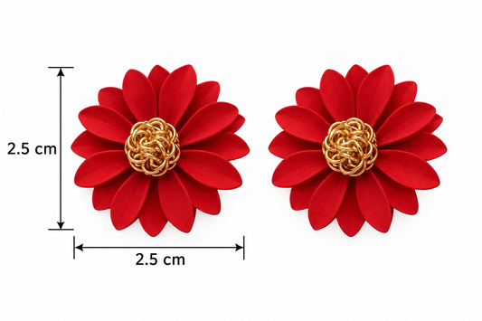 E7381 Aretes girasol rojo asimetrico de acero titanio  esmaltado