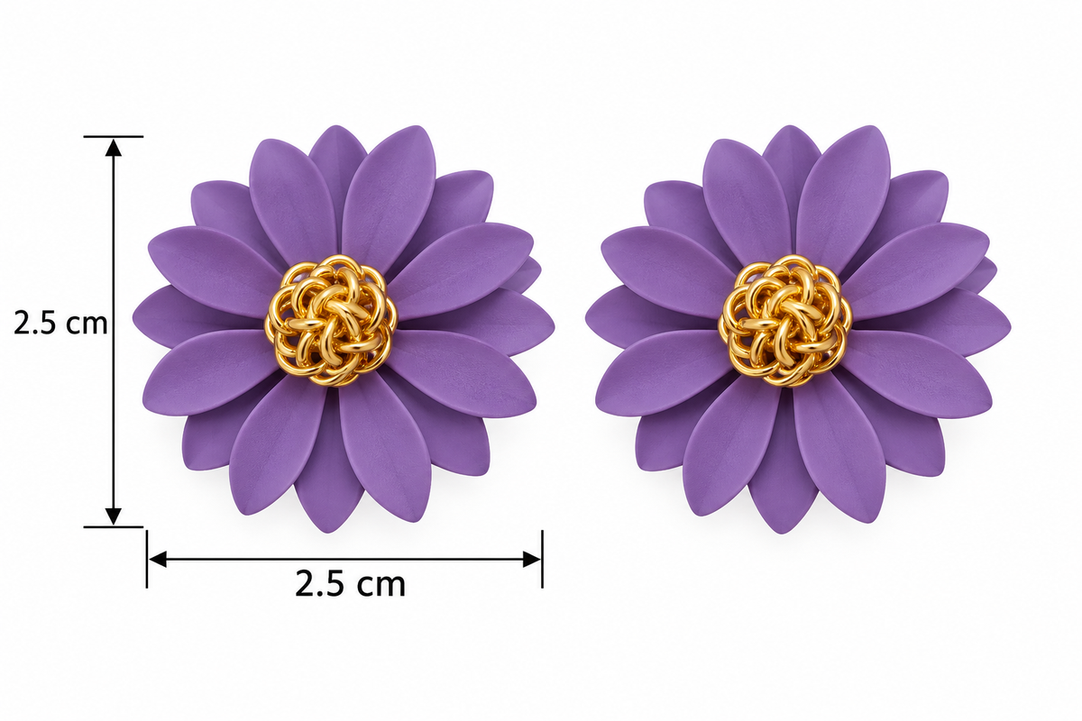E7381 Aretes girasol lila asimetrico de acero titanio  esmaltado