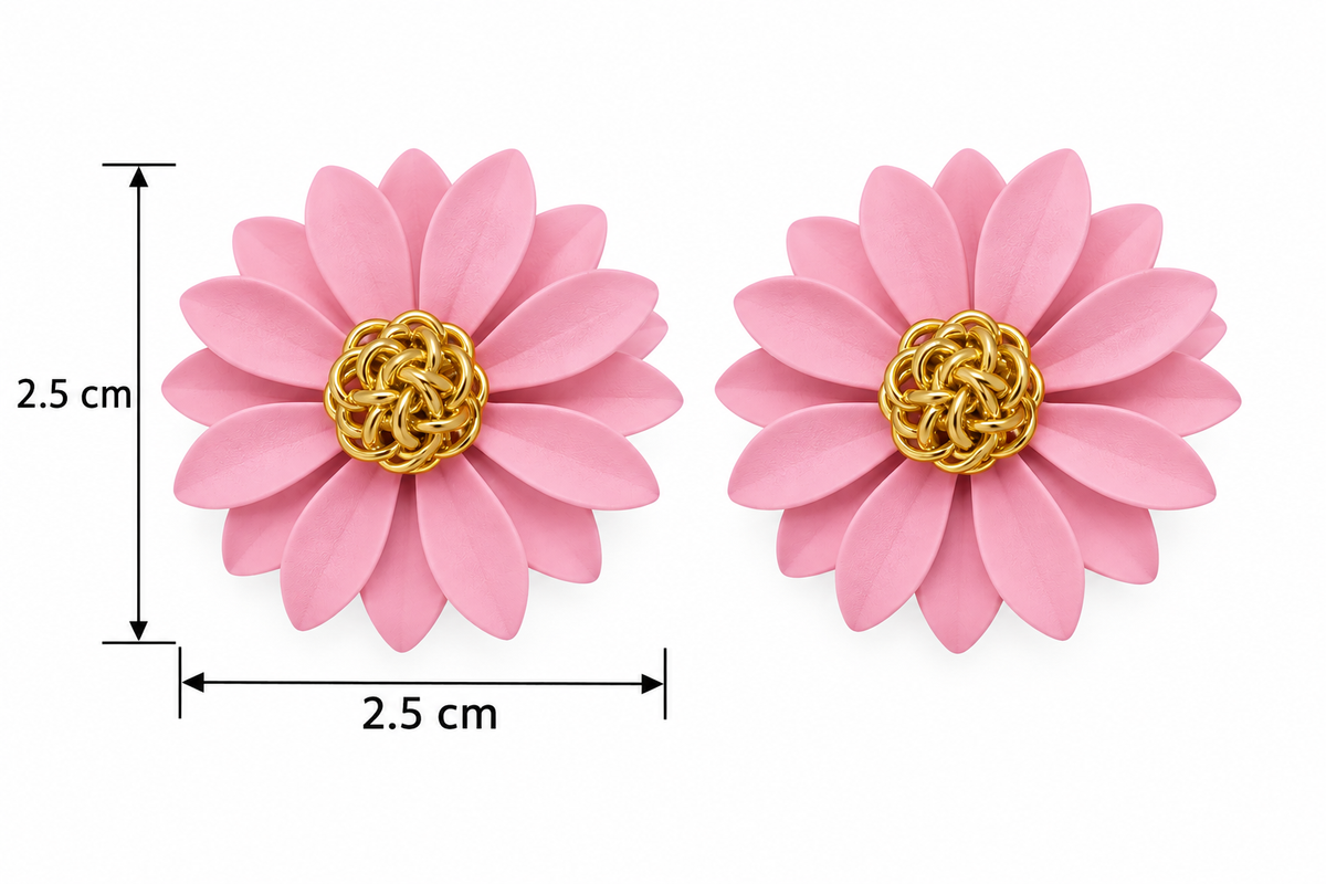 E7381 Aretes girasol rosa asimetrico de acero titanio  esmaltado