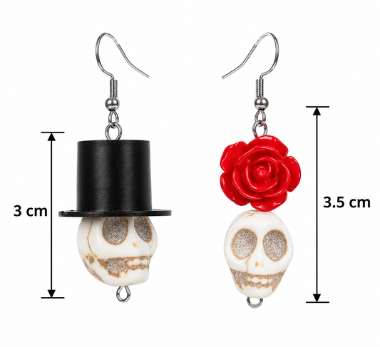 H106 Aretes colgantes calavera sombrero de copa y flor de aleacion