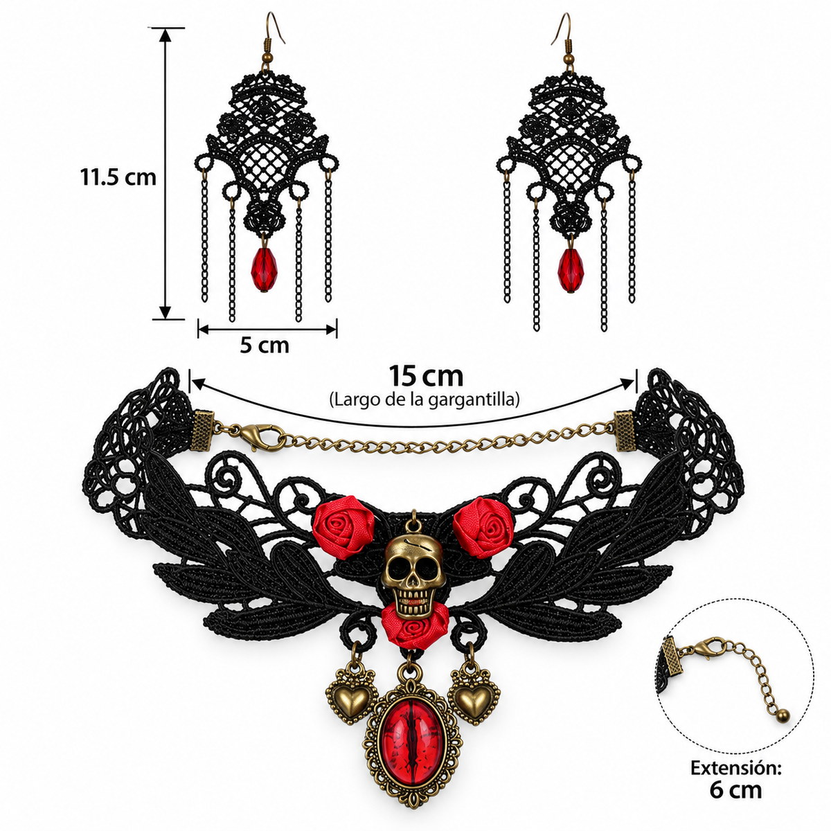 H112 Conjunto collar y aretes Con Colgante De Borla Aleacion En Diseño De Craneo