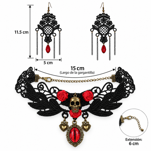 H112 Conjunto collar y aretes Con Colgante De Borla Aleacion En Diseño De Craneo
