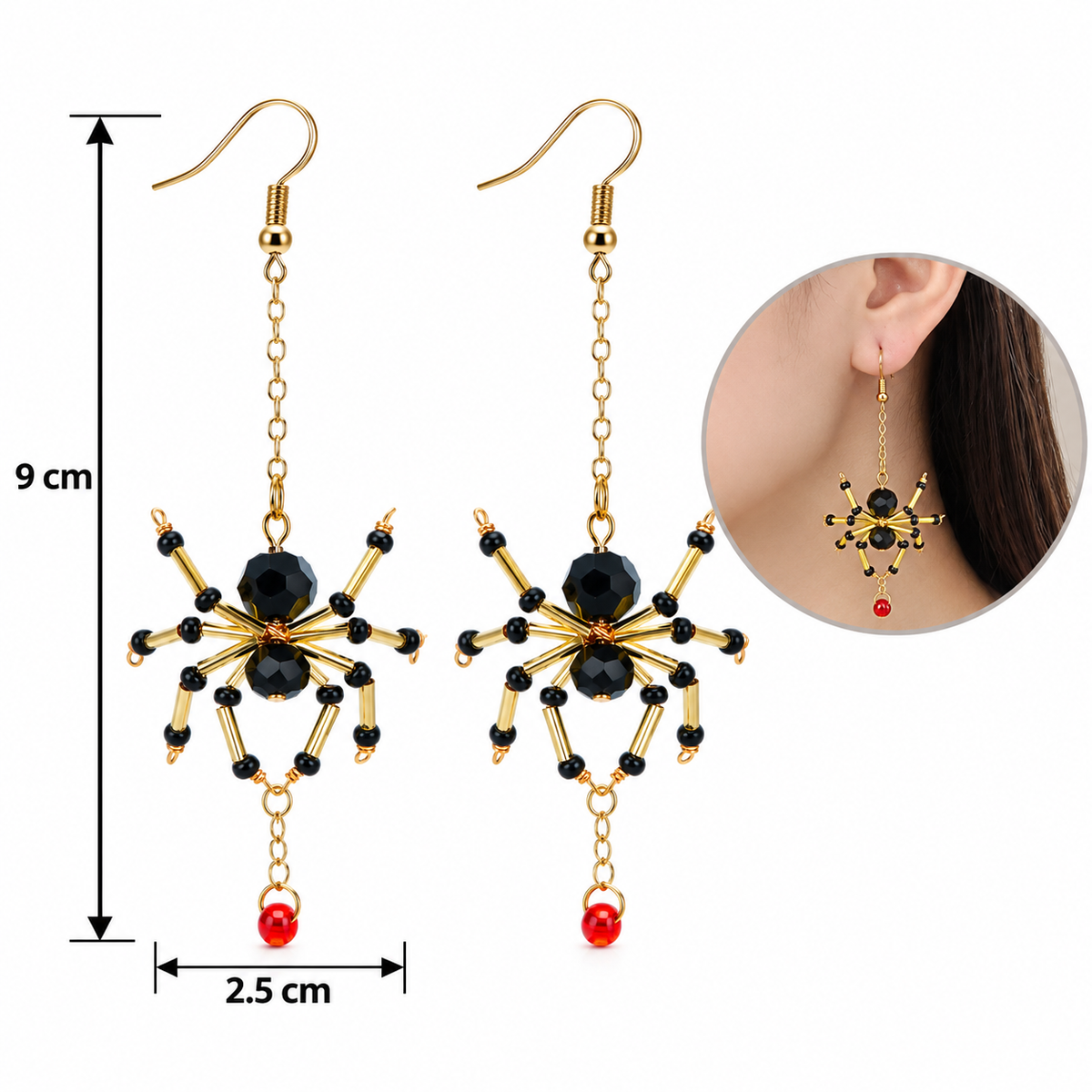 H117 Aretes araña colgante negro y dorado