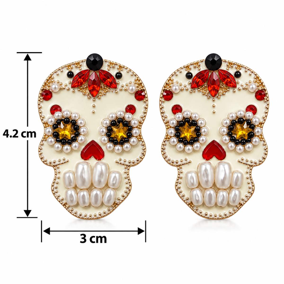 H121 Aretes craneo blanco Y Perla Artificial aleacion