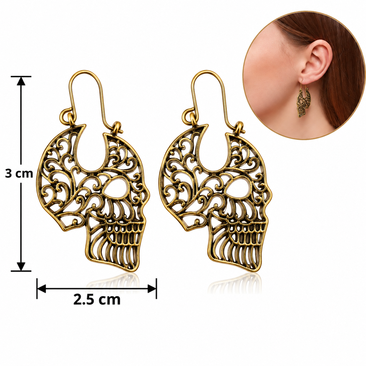 H126 Aretes craneo dorado de aleacion con poste de acero