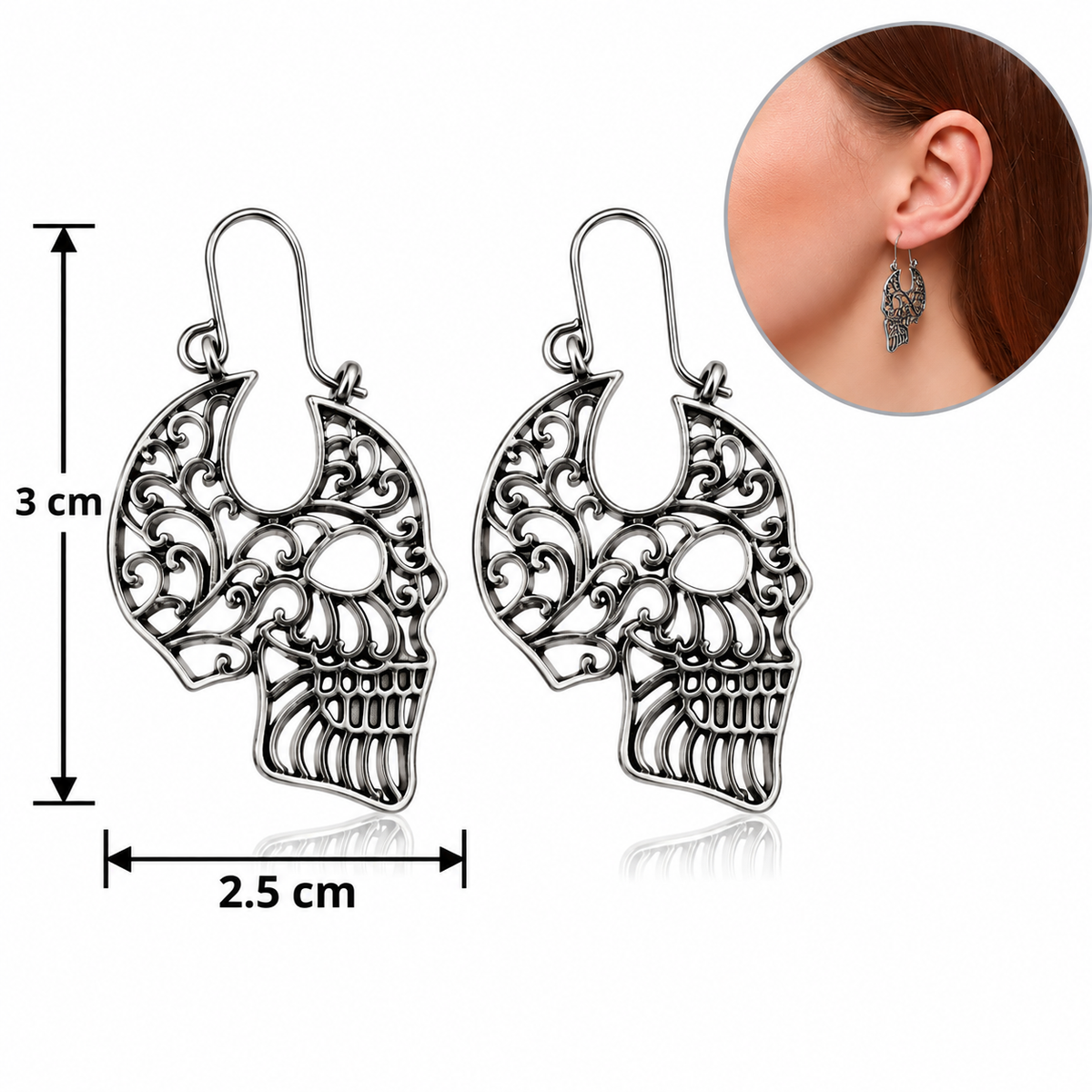 H126 Aretes craneo plateado de aleacion con poste de acero