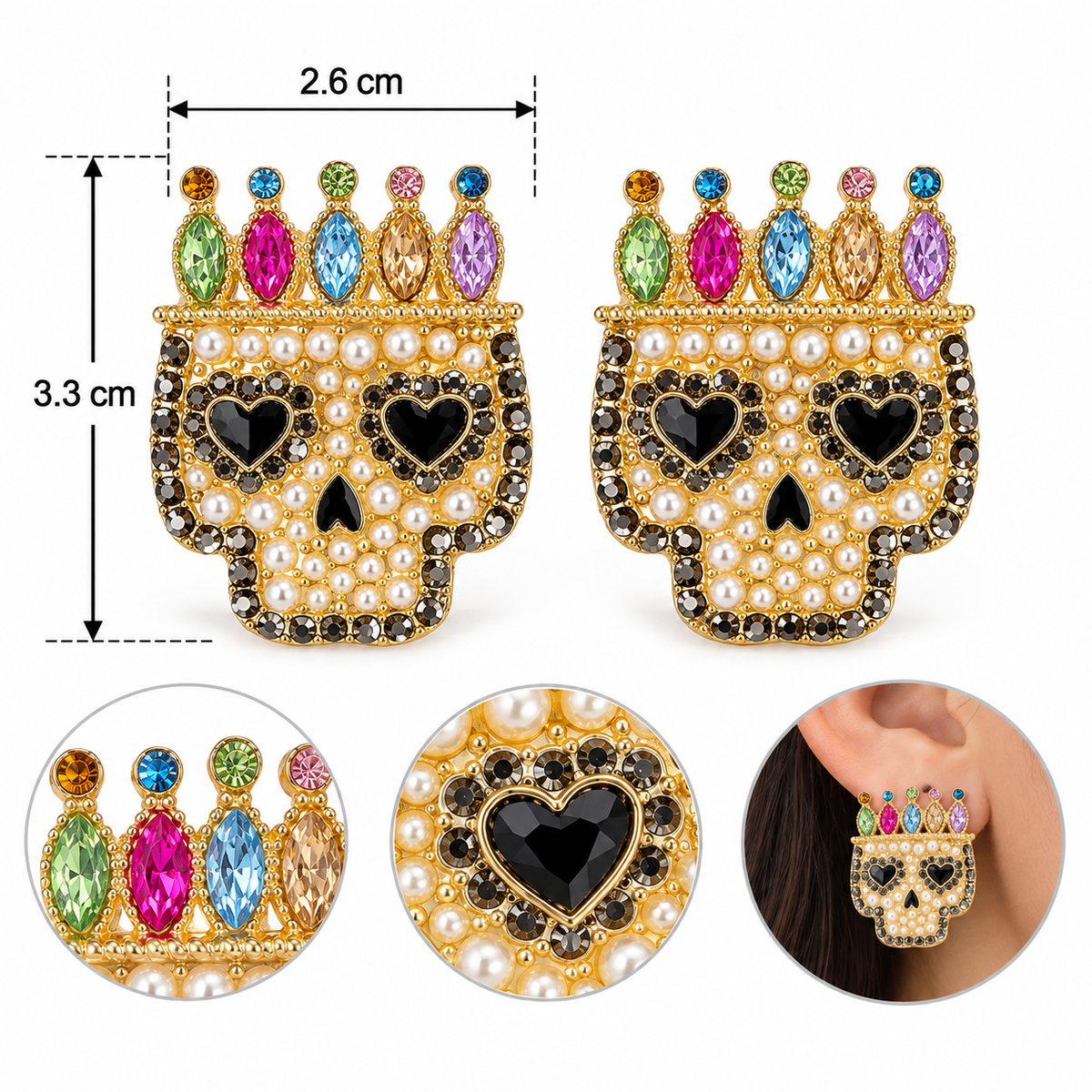 H135 Aretes calavera imperial con circonias de colores de aleacion