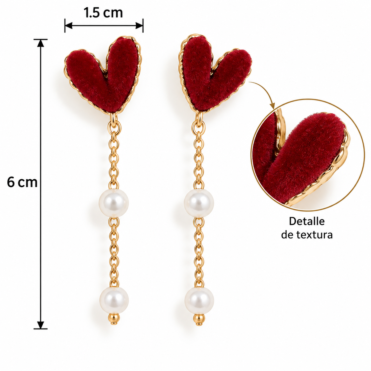 E7384 Aretes Corazon de textura afelpada, detalles dorados y perlas colgantes aleacion