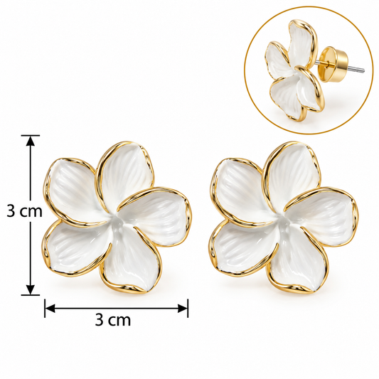 E7388 Aretes flor blanca esmaltada aleacion