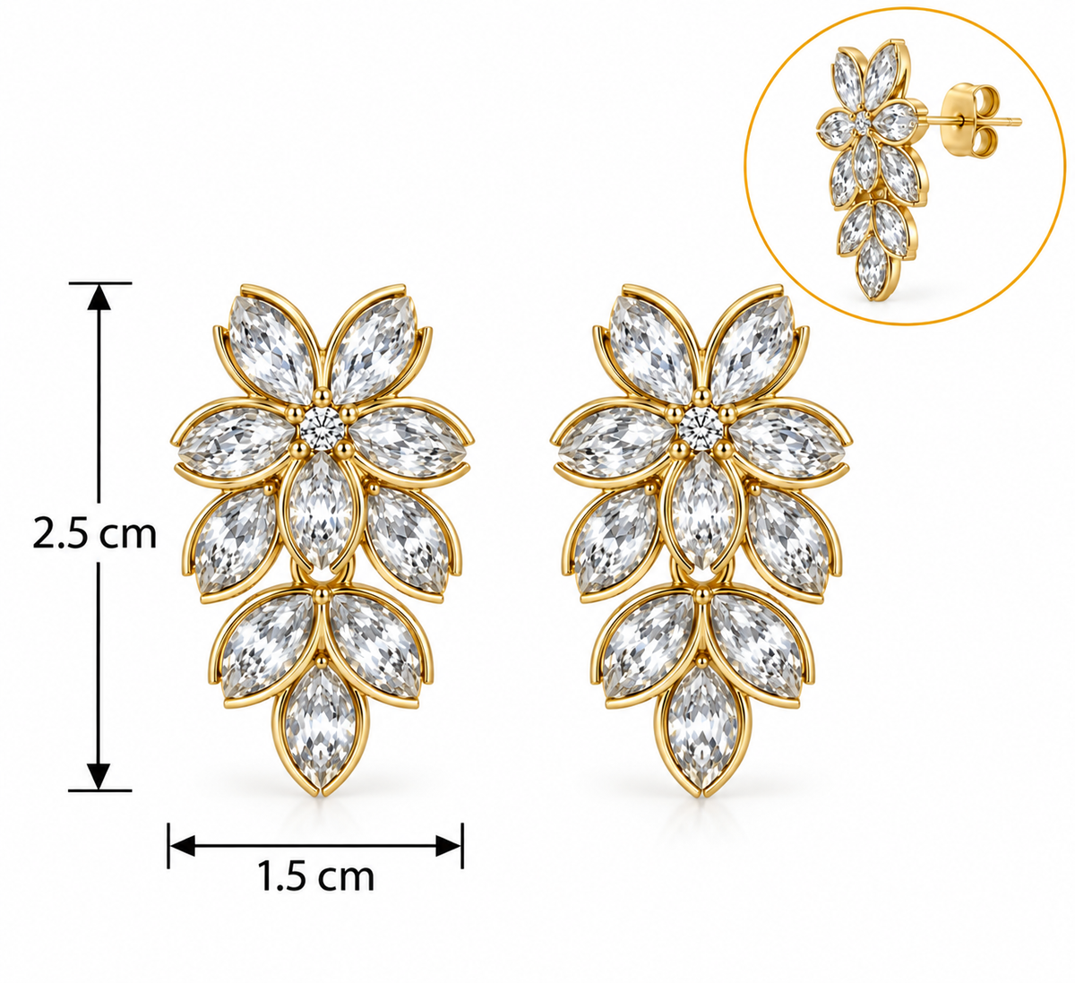 E7393 Aretes destello dorado flor aleacion