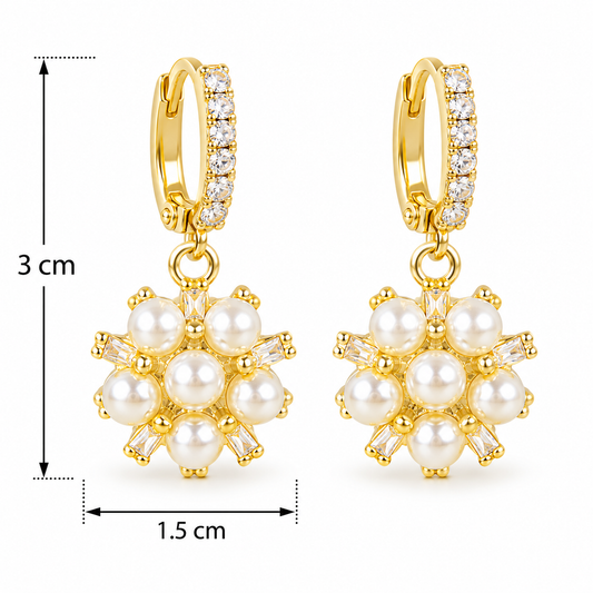 E7419 Aretes flor de perlas y circonia imitacion de aleacion