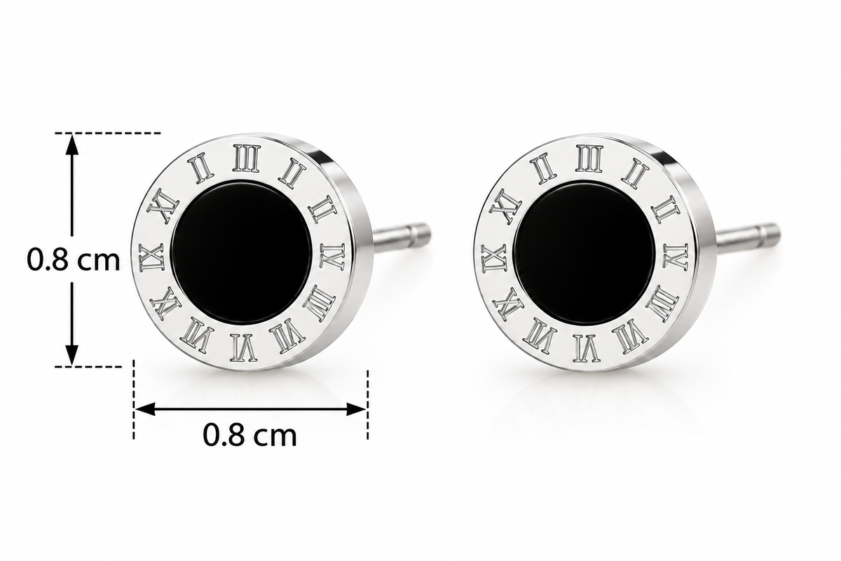 E005 Aretes circulo plateado numeros romanos acero de titanio