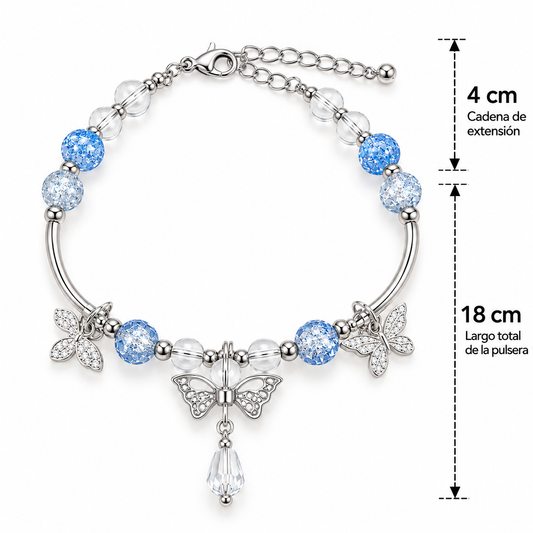B978 Pulsera de mariposa y perlas azules de aleacion
